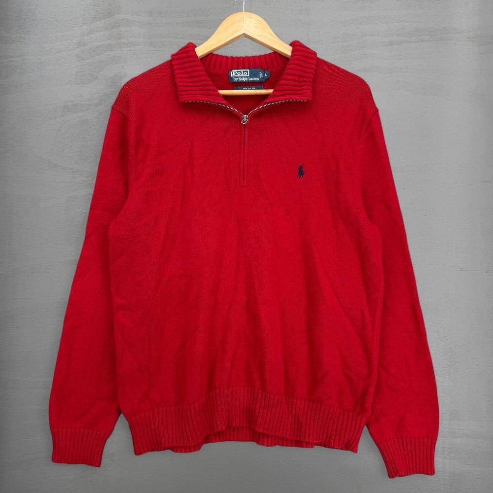 Polo Ralph Lauren 1/4 Zip Sweater Red Cotton Knit Mock Neck Large